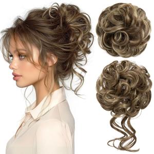 CJL HAIR 2PCS Messy Bun Hair Pieces Wavy Curly Synthetic Updo Chignon Fake Scrunchies Ponytail Extension for Women Brunette/Ash Blonde