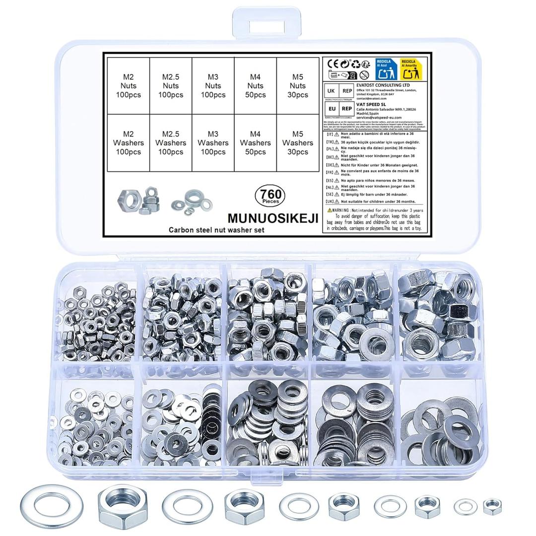 760 Pcs Metric Hex Nut and Washer Assortment Kit - M2 M2.5 M3 M4 M5 Carbon Steel Hardware, with Flat Washers & Storage Case for Automotive, Machinery & DIY