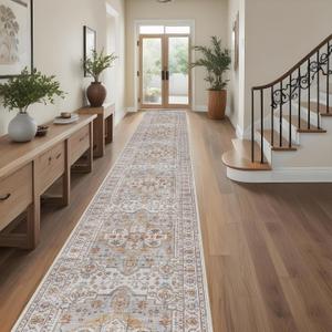 Washable Hallway Runner Rug 3x20: Non Slip Runner Rugs with Rubber Backing Soft Kitchen Rug Farmhouse Distressed Carpet Runner for Living Room Bedroom Bathroom (Turmeric/Grey, 3X20)