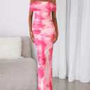 BTFBM Cocktail Dresses for Women 2026 Elegant Classy Off Shoulder Bodycon Mesh Slit Floral Maxi Spring Summer Dress (Pink, XL)