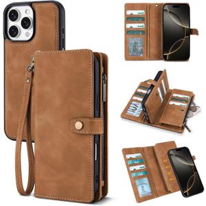 TwoHead Wallet Case Compatible with iPhone 16 Pro Max, Detachable Magnetic Phone Case,PU Leather All-Round Protective Cover Wallet with Card Holder/Change Pocket,6.9 in,Brown
