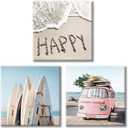 UTOP-art Beach Wall Decor Costal Canvas Wall Art Pictures Surfboards & Pink Car on Sand Artwork Painting for Living Room Seashell For Bathroom(16” x 16'' x 3 Panels)