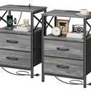 Huuger Nightstands Set of 2, Night Stand with Charger Station, 2 Drawer Side Table with Open Shelf, USB-C Port, End Table for Small Spaces, X Shaped Side Rail, Grey
