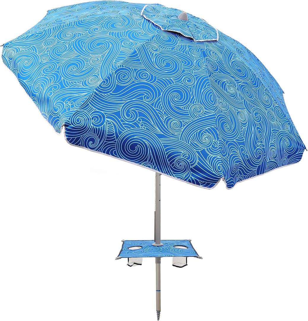 7ft Beach Umbrella with Built-in Table TrayUPF 50+ beach umbrellas for sand heavy duty wind portable, Windproof Outdoor Shade Umbrella for Patio Garden (Surging Waves)