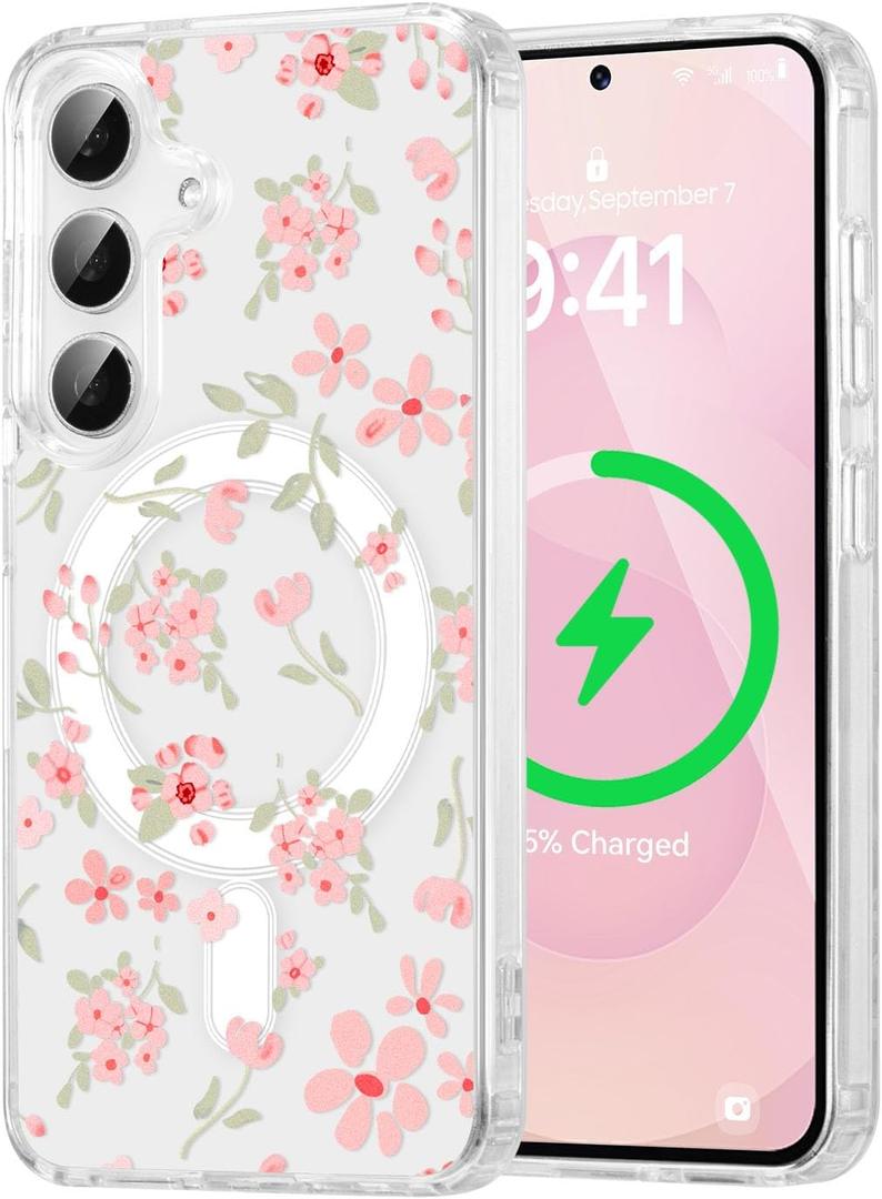 QLTYPRI for Samsung Galaxy S26 Case, Compatible with Magsafe, Aesthetic Cute Floral Flower Phone Case, Clear Anti -Yellowing Shockproof Magnetic Phone Cover for Women Girls - Pink