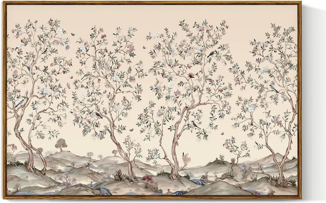 VIYYIEA Large Vintage Landscape Canvas Wall Art, Vintage Floral Tree Wall Art, 24x36 Inch, Elegant Botanical Landscape Painting, Neutral Chinoiserie Nature Wall Decor for Living Room Bedroom