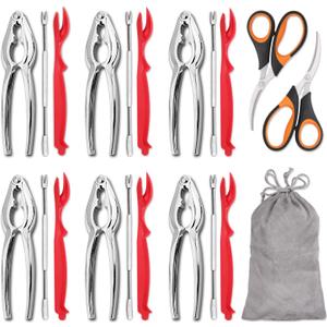 Hiware 20-piece Seafood Tools Set includes 6 Crab Crackers, 6 Lobster Shellers, 6 Crab Leg Forks/Picks and 2 Seafood Scissors & Storage Bag - Nut Cracker Set