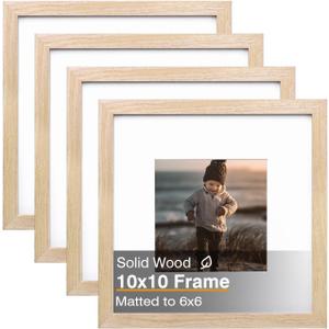 KINLINK 10x10 Picture Frame, Natural Square Solid Wood Frames for Pictures 6x6 with Mat or 10x10 without Mat, Wall and Tabletop Display Photo Frames Natural Wood 4 Pack