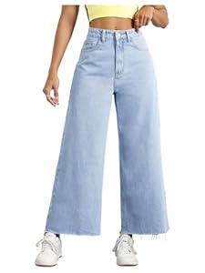 WDIRARA Women's High Waisted Wide Leg Denim Pants Raw Hem Jeans with Pockets Light Wash Large