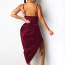 Women's Spaghetti Strap Satin Dress Sexy Backless Drawstring Ruched Split Hem Cocktail Evening Party (Red, L)