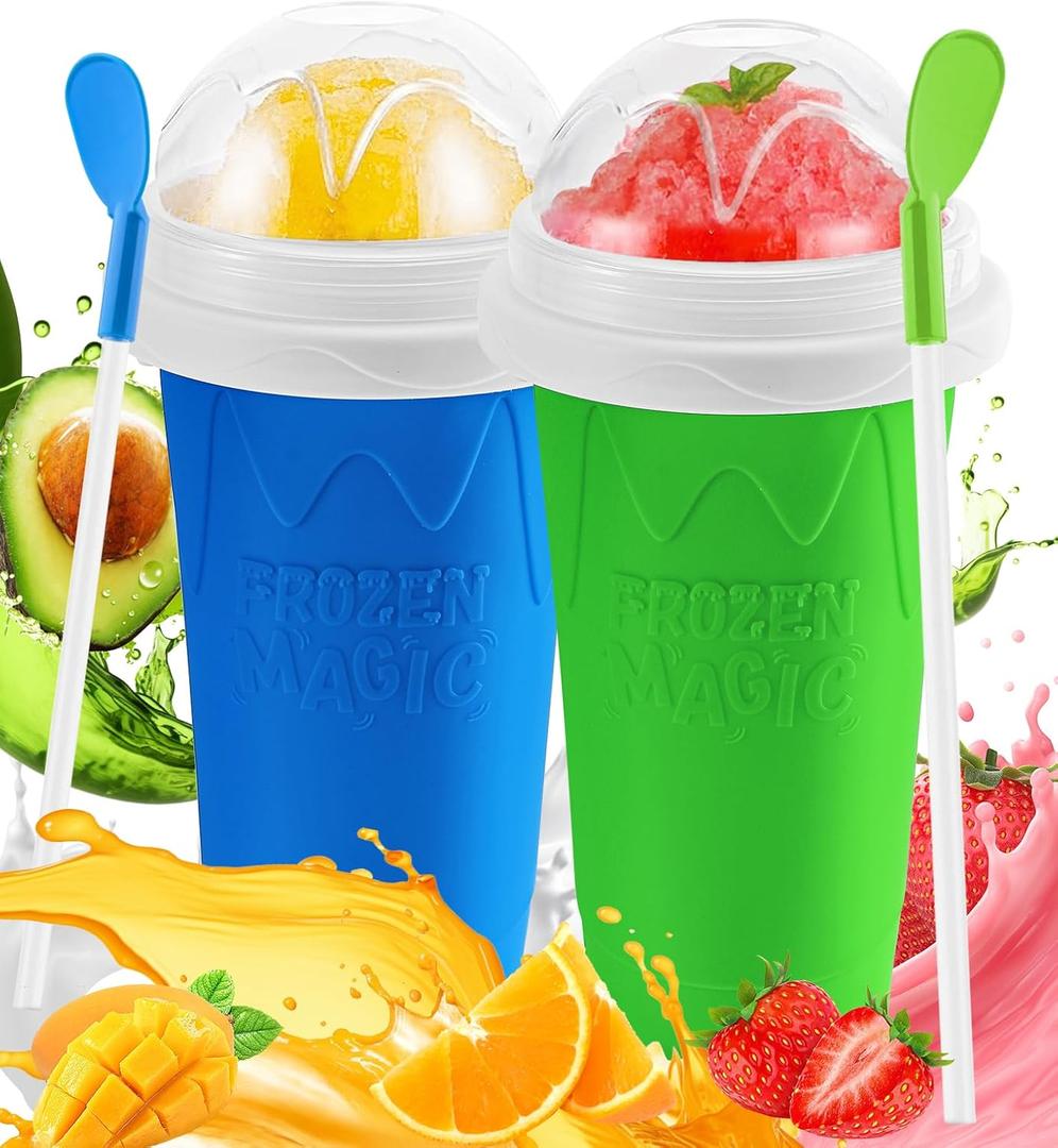 Slushie Cup, 2 Pack DIY Magic Slushy Maker Cup, Portable Frozen Slushy Cups for Juice Milk Yogurt Ice Cream Make, Reusable Smoothie Cup with Lid & Straw for Kids Family Friends (Blue+Green)