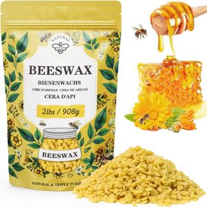 Beeswax pellets 2LB, VEGISHINE Pure and Natural Yellow Beeswax for DIY Skin Care, Lip Balm, Polishing, Lotion, Soap, Candle Making Supplies
