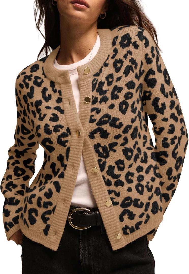 Leopard Print Cardigans for Women Cheetah Open Front Sweaters Button Down Knit Fall Clothes Long Sleeve Outwear Coats (S)