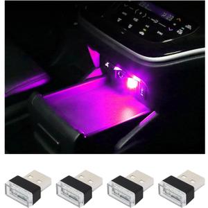 Augeny 4 PCS USB LED Car Interior Atmosphere Lamp, Plug-in USB Decor Night Light, Portable Auto Ambient Lighting Kit, Universal Vehicle Interior Accessories for Most Cars (Purple)