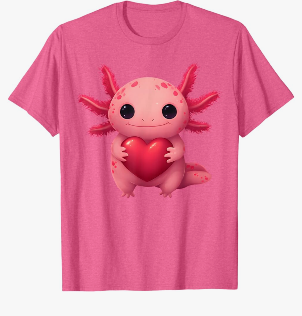 Valentine Cute Pink Axolotl Lovers Heart Girl Women Kid T-Shirt, L