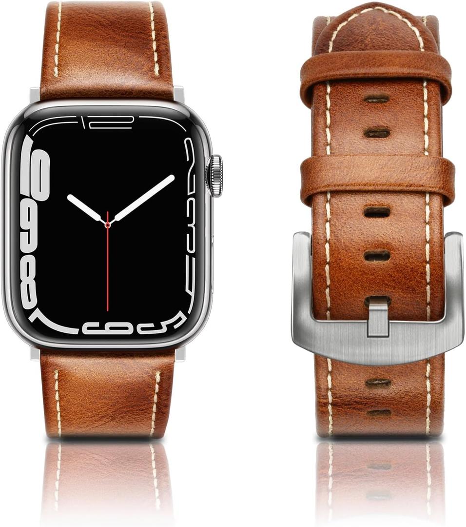 EDIMENS Leather Bands Compatible with Apple Watch 46mm 45mm 44mm 42mm(Series 1 2 3) Band Men Women, Vintage Genuine Leather Wristband Replacement Band Compatible for Apple Watch iwatch Series 10 9 8 7 6 5 4 SE2 SE (Chestnut Brown)