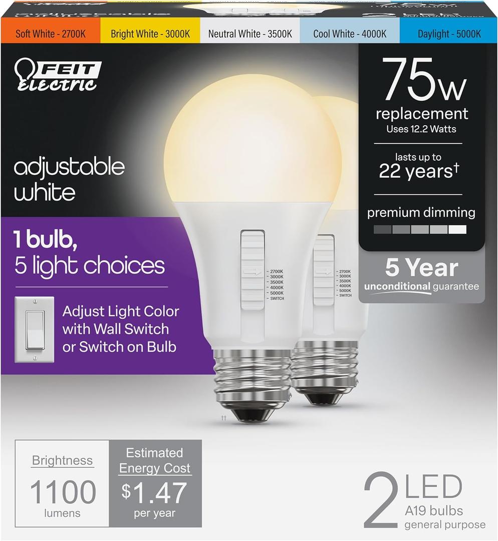 Feit Electric A19 LED Light Bulb, 75W Equivalent, Dimmable, Color Selectable 6-Way, 5CCT, E26 Medium Base, 90 CRI, 1100 Lumens, Damp Rated Lightbulb, 22-Year Lifetime, OM75DM/6WYCA/2, 2 Pack