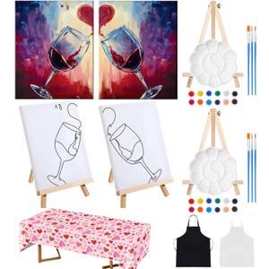 Feifeiyu 17 Pcs Valentines Sip and Paint Kit for Adults 8x10 Couple Painting Kit Art Pre Drawn Canvas Paint for Adults Date Night Party Favor Supplies Galentines Gifts(Clink Glasses)