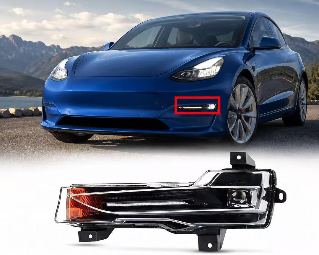 Front Fog Light Driver Side Left Side Compatible with Tesla Model 3 2017-2023 Model Y 2019-2024, LED Daytime Running Light DRL Assembly Replacement for 1077391-00-E 1077392-00-F