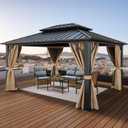YITAHOME 10x12ft Gazebo Hardtop Double Roof Canopy w/Netting and Curtains, Outdoor Gazebo 2-Tier Galvanized Iron Aluminum Frame Garden Tent for Patio, Backyard, Deck and Lawns, Brown
