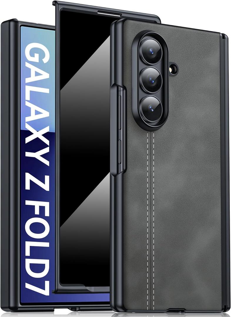 Oupeigar for Samsung Galaxy Z Fold 7 Case with Privacy Screen Protector, Hinge Protection, Wireless Charging, Ultra Thin Leather Matte PC Durable Shockproof Cover Phone Case for Fold 7-Light Gray
