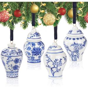 Goaste 4 Pack Mini Ginger Jar Ornaments, Christmas Hanging Pendant, Chinoiserie Ceramic Hanging Ornaments, Blue and White Porcelain Christmas's Tree Decor for Christmas, Home Decoration