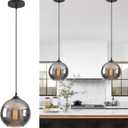 Mirror Smoke Grey Glass Pendant Light Kitchen Island, 7.5" Black Globe Pendant Lights for Dining Table, E26 Mid Century Height Adjustable Grey Mercury Glass Hanging Lamp for Kitchen Over Sink