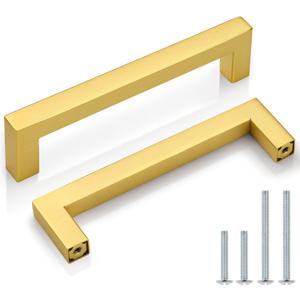 Probrico 5 Pack Gold Cabinet Pulls Square Kitchen Cabinet Hardware 5 Inch(128mm) Hole Center Modern Drawer Handles Brushed Brass Drawer Pulls for Cupboard