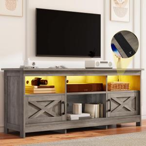 DWVO Farmhouse TV Stand with Power Outlets & LED Lights, Entertainment Center for TVs up to 80", TV Console with Storage Cabinets & Open Shelves for Living Room (Washed Grey) (70")