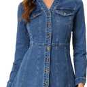 Allegra K Women's Denim Dress Button Down Collar V Neck Long Sleeve A-line Cotton Jean Dress (Blue) L