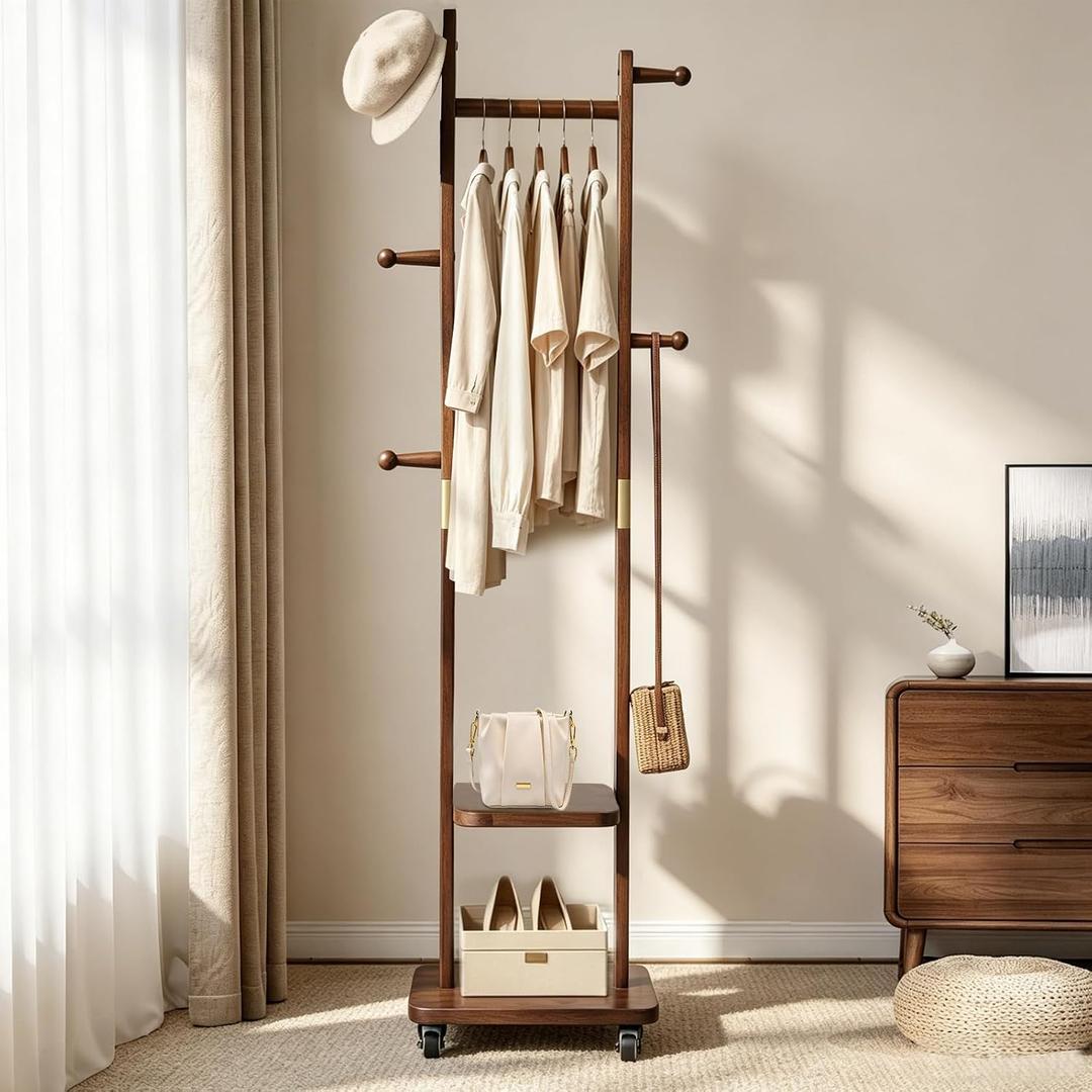Solid Wood Coat Rack with Wheels - 2-Tier Freestanding Clothing Rack with 5 Hooks & Storage Shelves, Heavy Duty Rolling Clothes Stand for Entryway, Bedroom, Corner