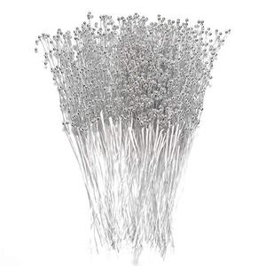 60 Pieces Pearl Stick Stems Bouquets, 4mm Bead String Garland Beaded Spray Filler Floral Arrangements Tree Picks Wedding Party Decoration, Christmas Decorations, Christmas Tree Picks (Silver)