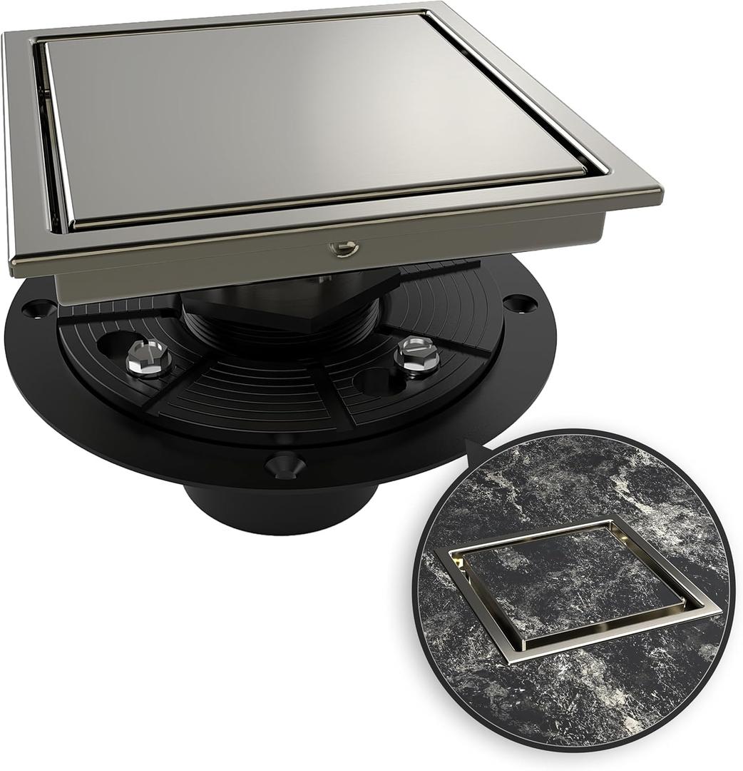 WEBANG 6 Inch Square Shower Drain Nickel Floor Drain with Flange Reversible 2-in-1 Cover Tile Insert Grate Removable SUS304 Stainless Steel CUPC Certified Brushed Nickel