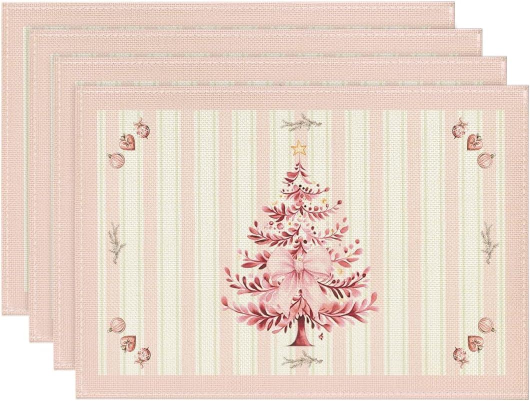 Artoid Mode Xmas Pine Pink Winter Placemats Set of 4, 12x18 Inch Seasonal Christmas Table Mats for Party Kitchen Dining Decoration