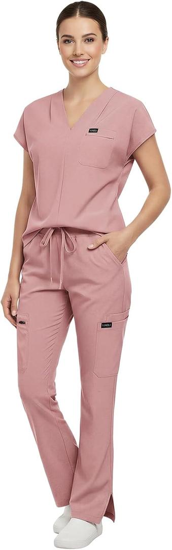 VIAOLI Scrubs for Women - V-Neck Top & Cargo Pants Uniform Womens Medical Scrubs Set for Nurses, Doctors (Pink, S)