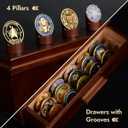 Challenge Coin Display Case, Military Coin Collection Holder with Wooden Coin Box, Drawers, and Clear Acrylic Lid Gifts for Coins Collectors (4 Pillars)