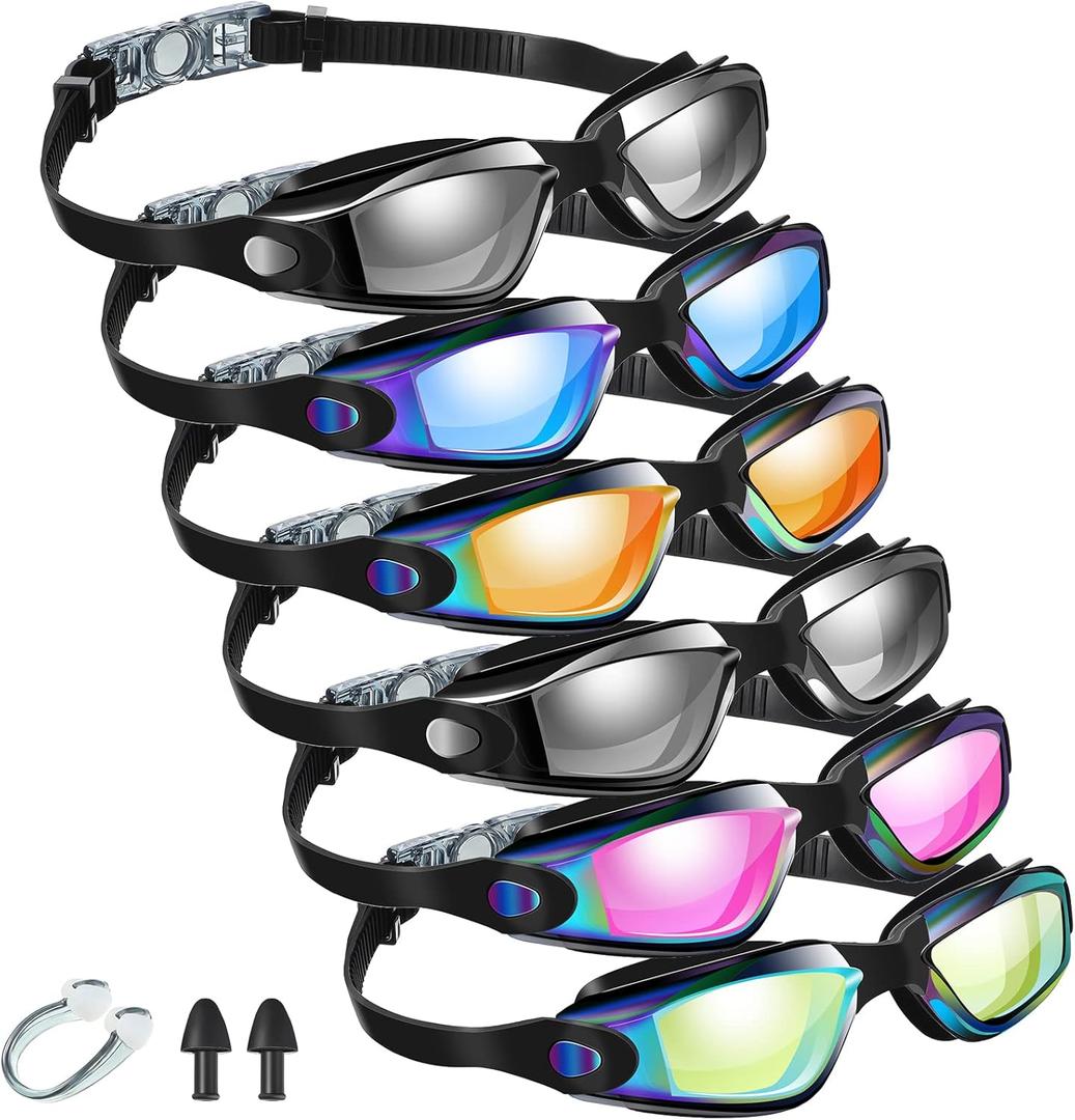 Flutesan 6 Pack Swim Goggles for Adult Anti Fog Swimming Glasses with Ear Plugs Nose Clip No Leaking Full Protection Goggles (6.3 x 1.6 inches, Vivid Color)