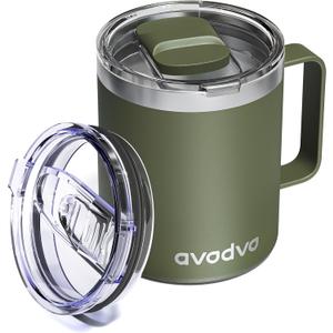 12oz Insulated Coffee Mug with Lid  Includes Two Lids, Stainless Steel Coffee Travel Mug with Handle, Double Wall Vacuum Insulated Camping Mug for Home, Office & Outdoor, Army Green