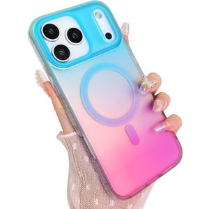 Aesthetic Case for iPhone 17 Pro Case for Women Girls [Compatible with Magsafe] Cute Girly Trendy Glitter Sparkly Rainbow Magnetic Protective Phone Cover, Matte Iridescent Blue & Pink