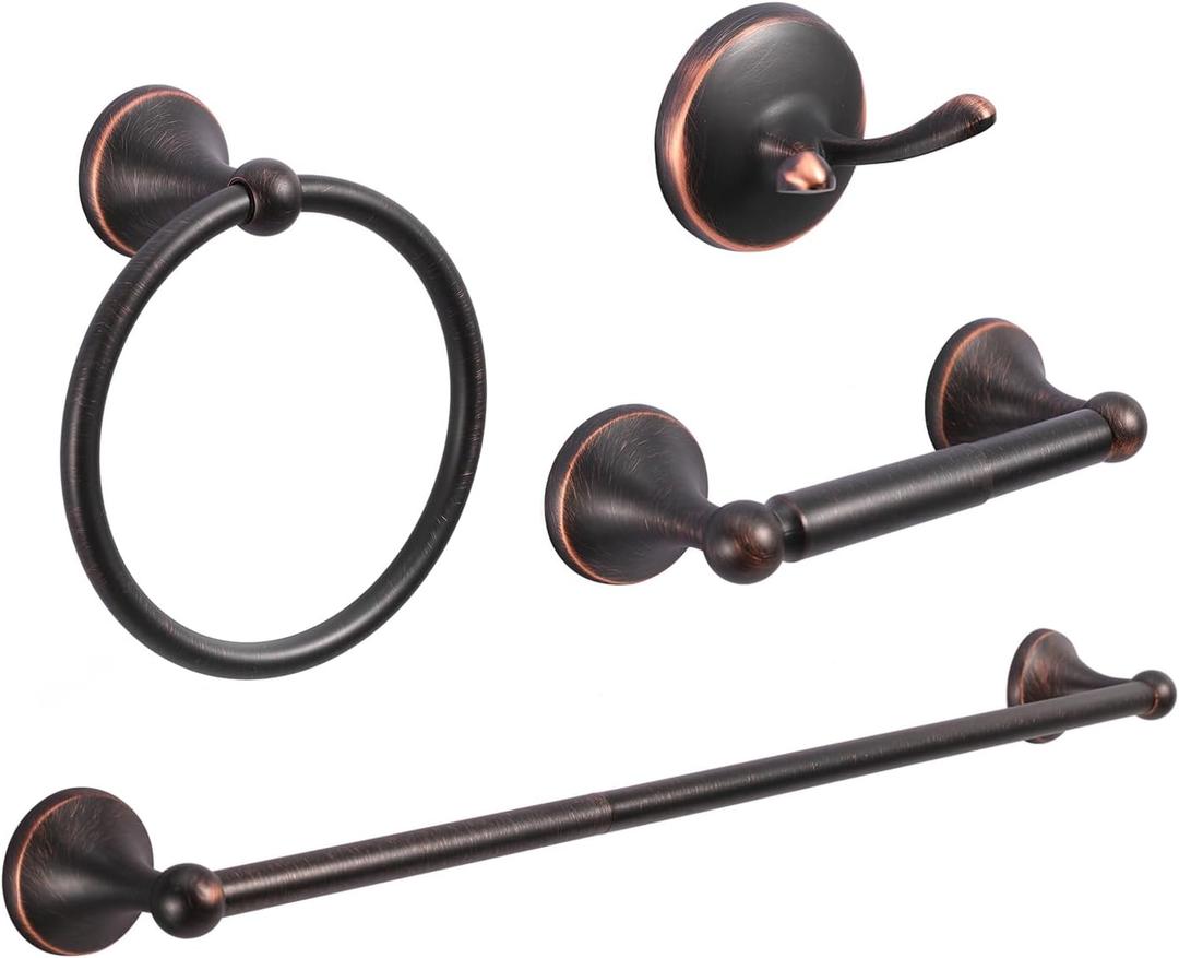 4-Piece Bathroom Hardware Set: Oil-Rubbed Bronze Bathroom Accessory Set, Towel Bars, Towel Ring, Toilet Paper Holder, Robe Hook, Wall Mounted, Optional Install Towel bar for 16 or 24 inch