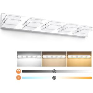 GOODATE 3 Color Temperature Dimmable Vanity Lighting Fixtures, LED Chrome 5 Light Bathroom Vanity Light, Acrylic Stainless Steel Square Shade Vanity Lights for Bathroom, ETL Certificated