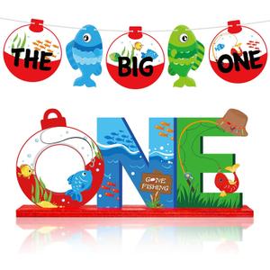 2 Pcs Ofishally One Birthday Decorations Fishing Table Wooden Centerpiece and Gone Fish Banner Summer Fishing Theme Party Supplies 1st Birthday Baby Shower Photo Props Decor