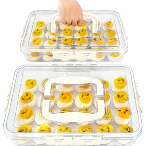 2 Pack Deviled Egg Containers with Lid and Handle, Durable Clear Plastic Deviled Egg Carrier Storage 48 Eggs, Stackable Egg Holder for Fridge, Portable Tray Platter for Party & Picnics-White