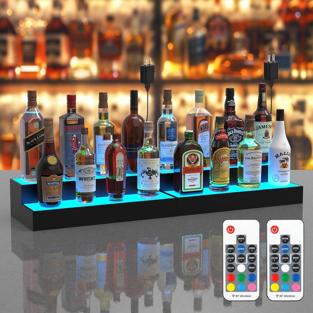 upcessory LED Lighted Liquor Bottle Display Shelf, 2 Tier 32 Inch Alcohol Whiskey Wood Rack Stand Tray for Home Bar Living Room Accessories and Decor, Bourbon Shelf for 16 Bottles