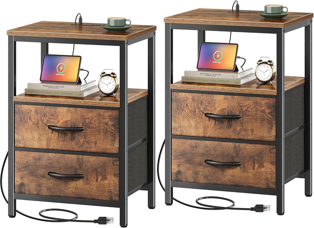 Huuger Nightstands Set of 2, End Tables with Charging Station, Fabric Drawers, Bedside Tables with USB Ports and Outlets, Night Stands for Bedroom, Rustic Brown