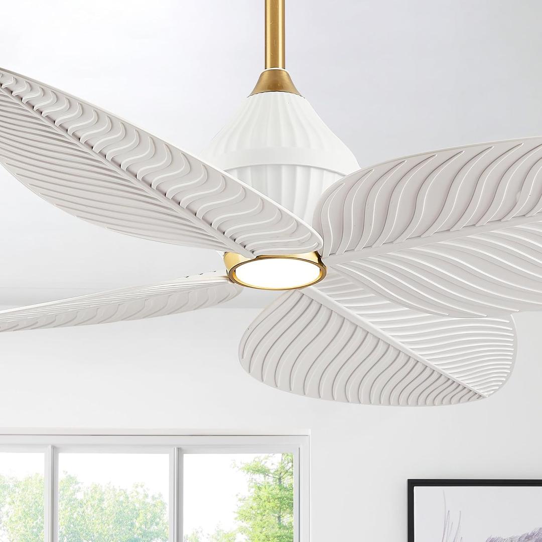 52 Tropical Leaf Ceiling Fans with Lights, (White Gold) | 4 Palm Leaf Blades, 3 Color Dimmable LED, 6 Speeds, Quiet Reversible Motor, Coastal Fan Style for Indoor or Outdoor Patios