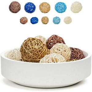 VELOVA Large White Concrete Decorative Bowl with 24 Decorative Balls, Fruit Key Holder Bowls Boho Modern Home Decor Accent for Dining Room Centerpiece Living Room Coffee Table Shelf Entryway Rattan