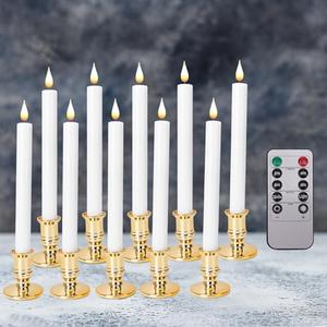 POQCCT LED Flameless Window Candles with Remote Timer 10 PCS Battery Operated Flickering Taper Candle Lights with Removable Gold Candle Holders Best Gift for Xmas Wedding Home Dinner Decor