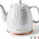 Toptier Electric Ceramic Tea Kettle, Boil Water Quickly and Easily, Detachable Swivel Base & Boil Dry Protection, Carefree Auto Shut Off, 1 L, White Leaf