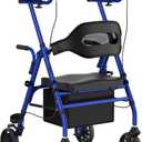 Upright Rollator Walker, Heavy Duty Stand Up Walkers for Seniors with Seat and Reversible Backrest, Foldable Standing Rollator with 8" Anti-Slip PU Wheels, Blue
